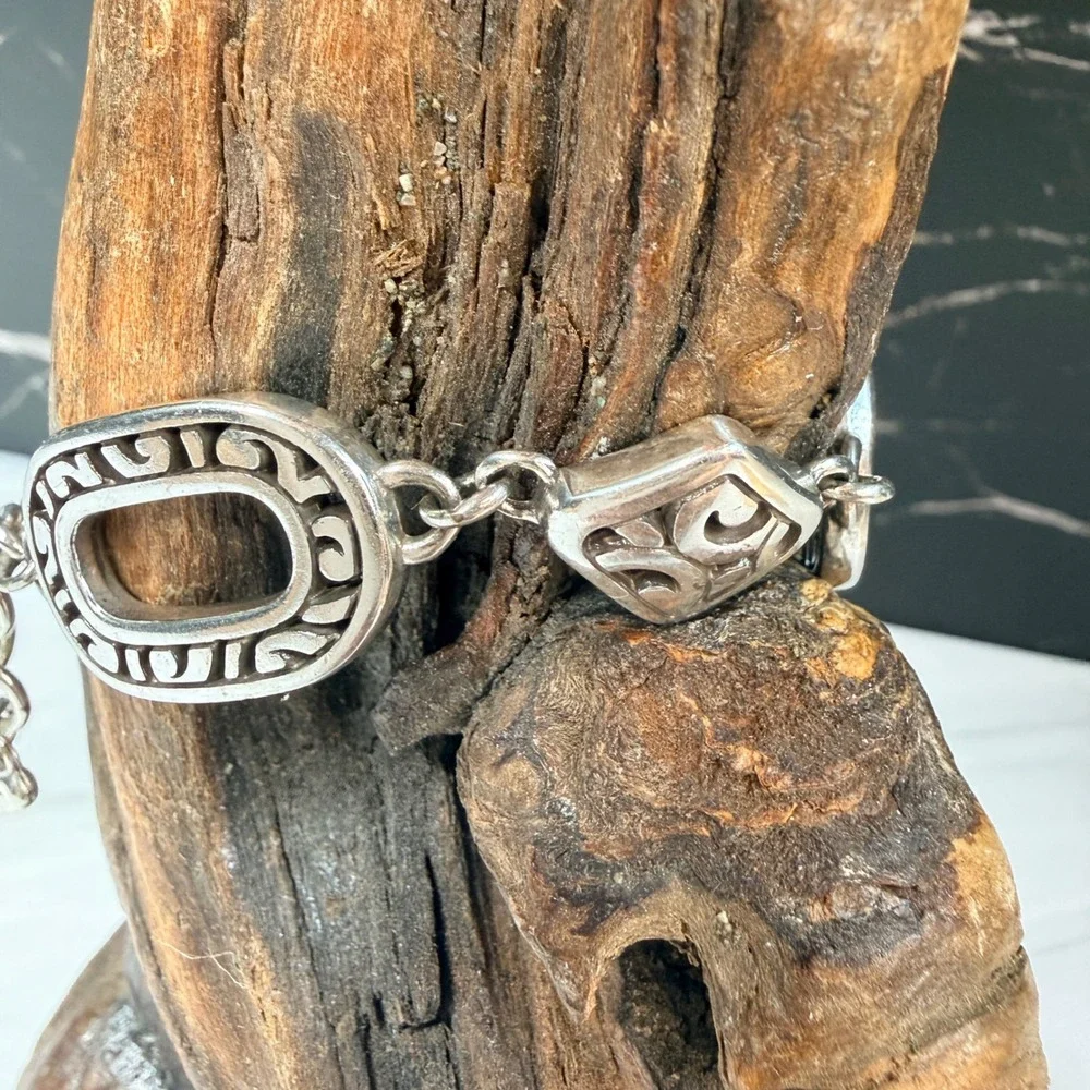 Brighton Silver Tone Scroll Link Bracelet Heart Lobster Clasp Adjustable 7.5
